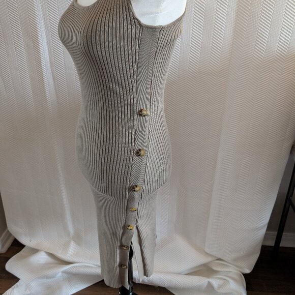 Hippie Rose Beige Neutral Ribbed Knit Tank Dress Side Buttons Size Medium - Picture 2 of 8